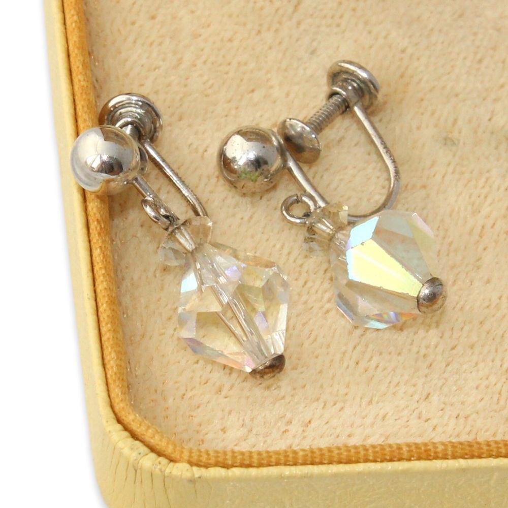 Vintage Simmons Aurora Borealis Crystal Sterling Silver Earrings Screw Back
